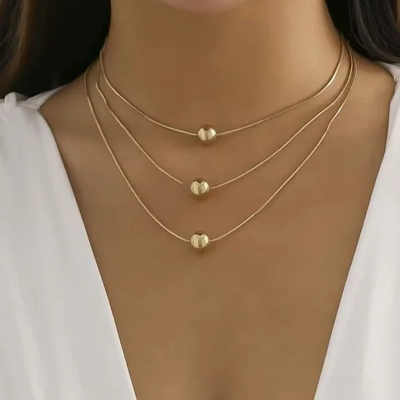 18K Gold Plated Multiple Layered Chain With Beads Necklaces 2(Pcs) Set - Picture 3 of 7